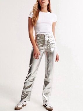 Abercrombie & Fitch Metallic Silver Straight-Leg Pants